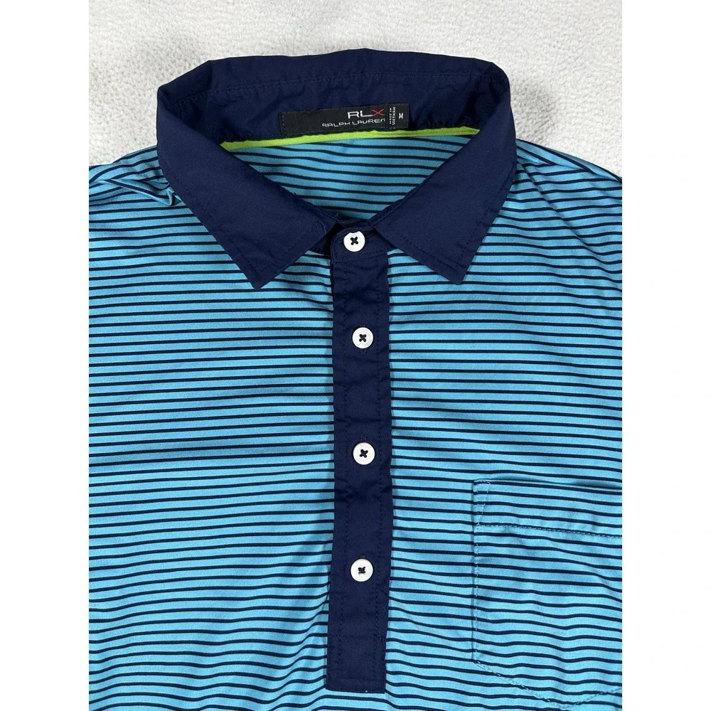 RLX Ralph Lauren Polo Shirt Mens Medium Blue Black Stripe Golf Wicking Stretch